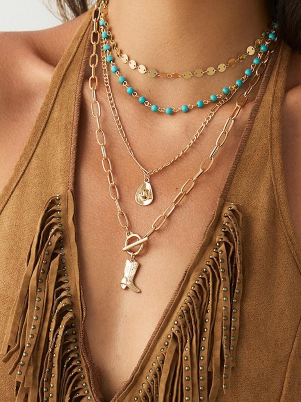 Layered Boho Necklaces for Women Turquoise Western Jewelry for Women Cactus Ox-H - Picture 4 of 7